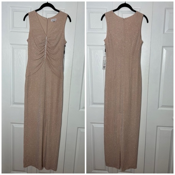 Calvin Klein Blossom Beige Nude Glitter Knit Gem Rhinestone Maxi Dress Size 8 - Picture 5 of 8